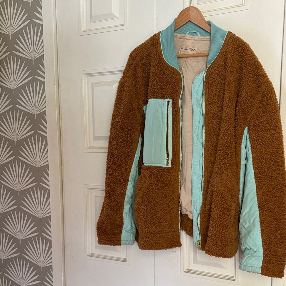 Free People Brown and Blue Rivington Sherpa Jacket